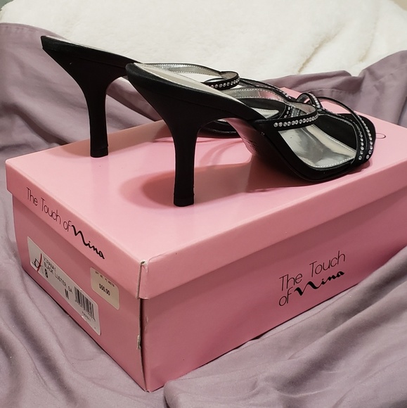 Touch of Nina black satin rhinestone sandals - Picture 2 of 4